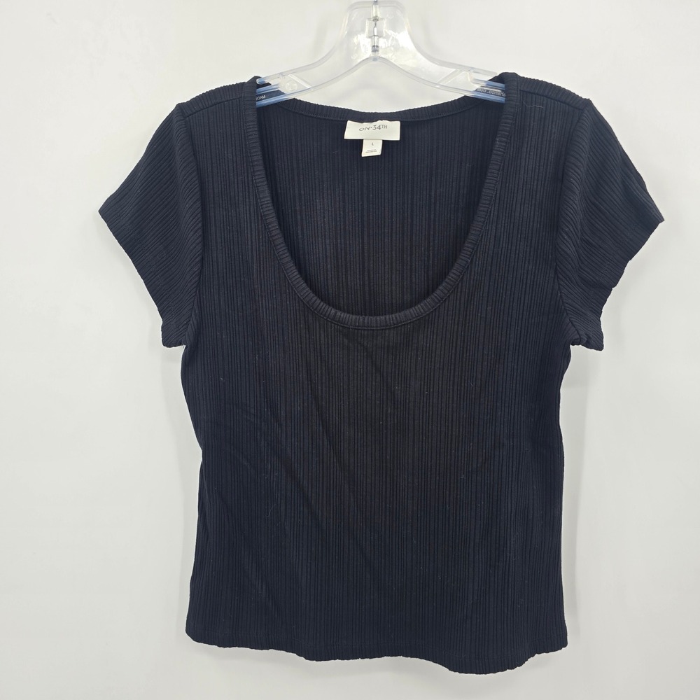 On 34th Blouse Womens Large Black Ribbed Knit Scoop Neck Short Sleeve